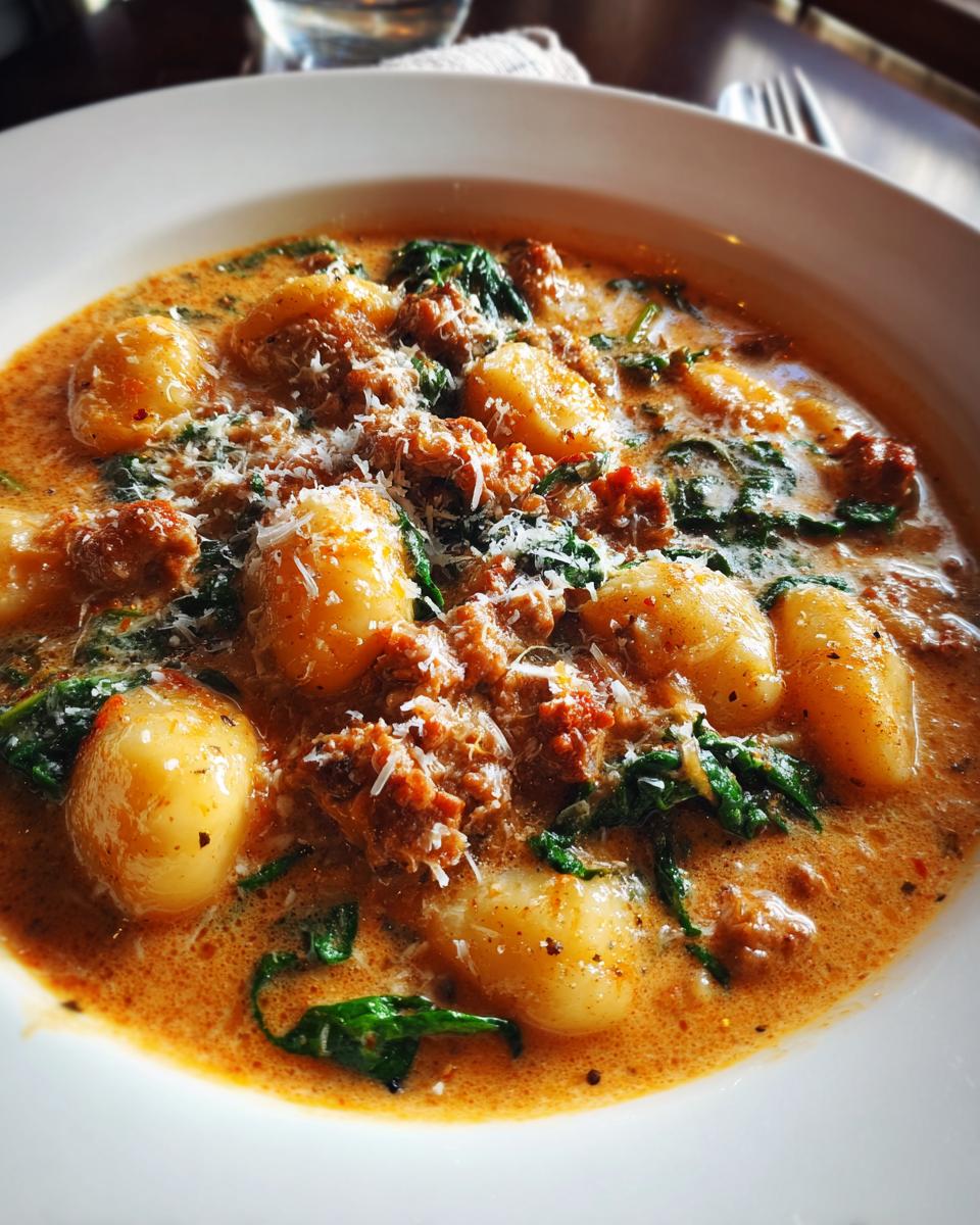 Close-up of a hearty bowl of creamy sausage gnocchi soup with spinach and grated Parmesan cheese.