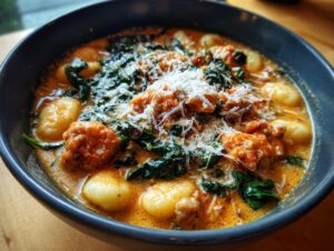 A close-up of a hearty bowl of creamy sausage gnocchi soup topped with wilted spinach and grated Parmesan cheese.