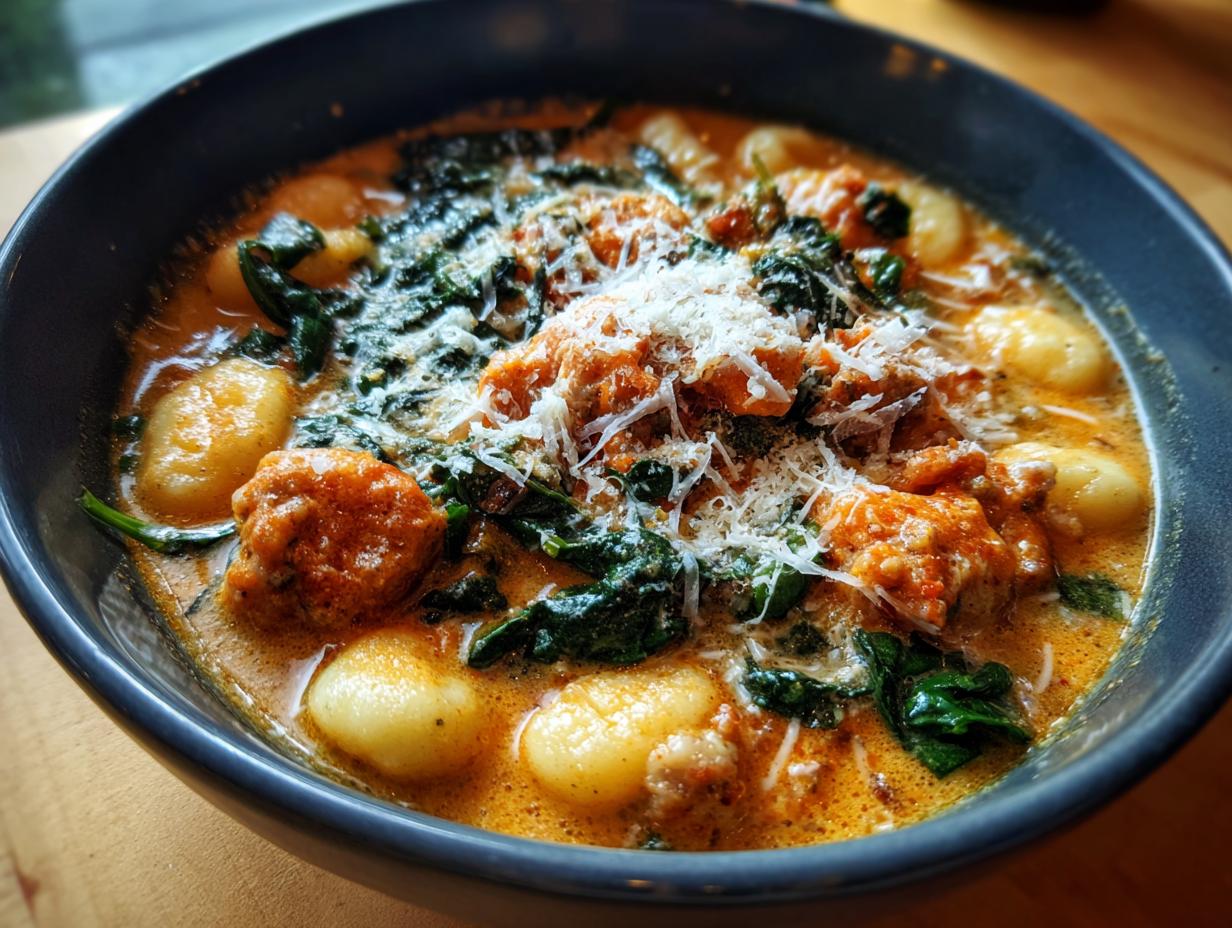A close-up of a hearty bowl of creamy sausage gnocchi soup topped with wilted spinach and grated Parmesan cheese.