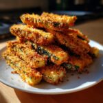 A close-up stack of golden brown, crispy baked parmesan zucchini sticks piled high on a white plate.