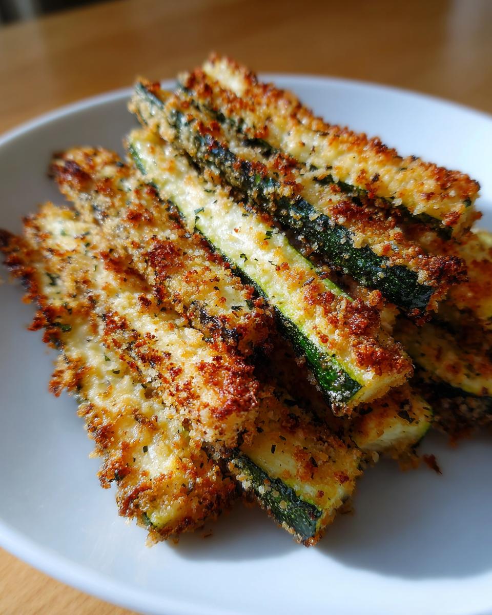 Close-up of crispy, golden-brown baked parmesan zucchini sticks stacked on a white plate.