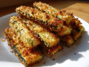 Close-up of golden brown, crispy baked parmesan zucchini sticks stacked on a white plate.