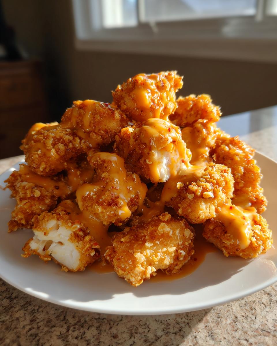 A pile of crispy, golden brown Bang Bang Chicken pieces generously drizzled with creamy orange sauce on a white plate.