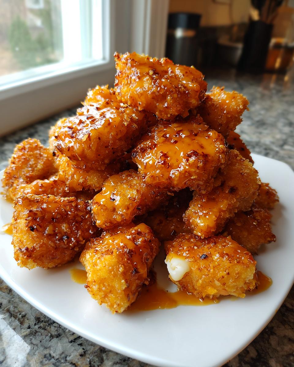 A pile of crispy, glazed Bang Bang Chicken pieces served on a white plate.