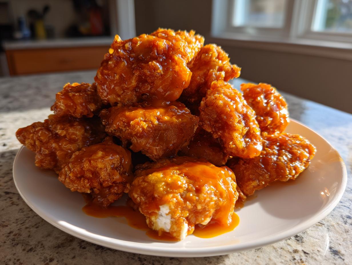 A mound of crispy, deep-fried Bang Bang Chicken pieces generously coated in a glossy, orange sauce, served on a white plate.