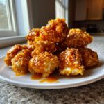 A mound of crispy, fried Bang Bang Chicken pieces generously coated in a glossy, orange-red sauce, served on a white plate.