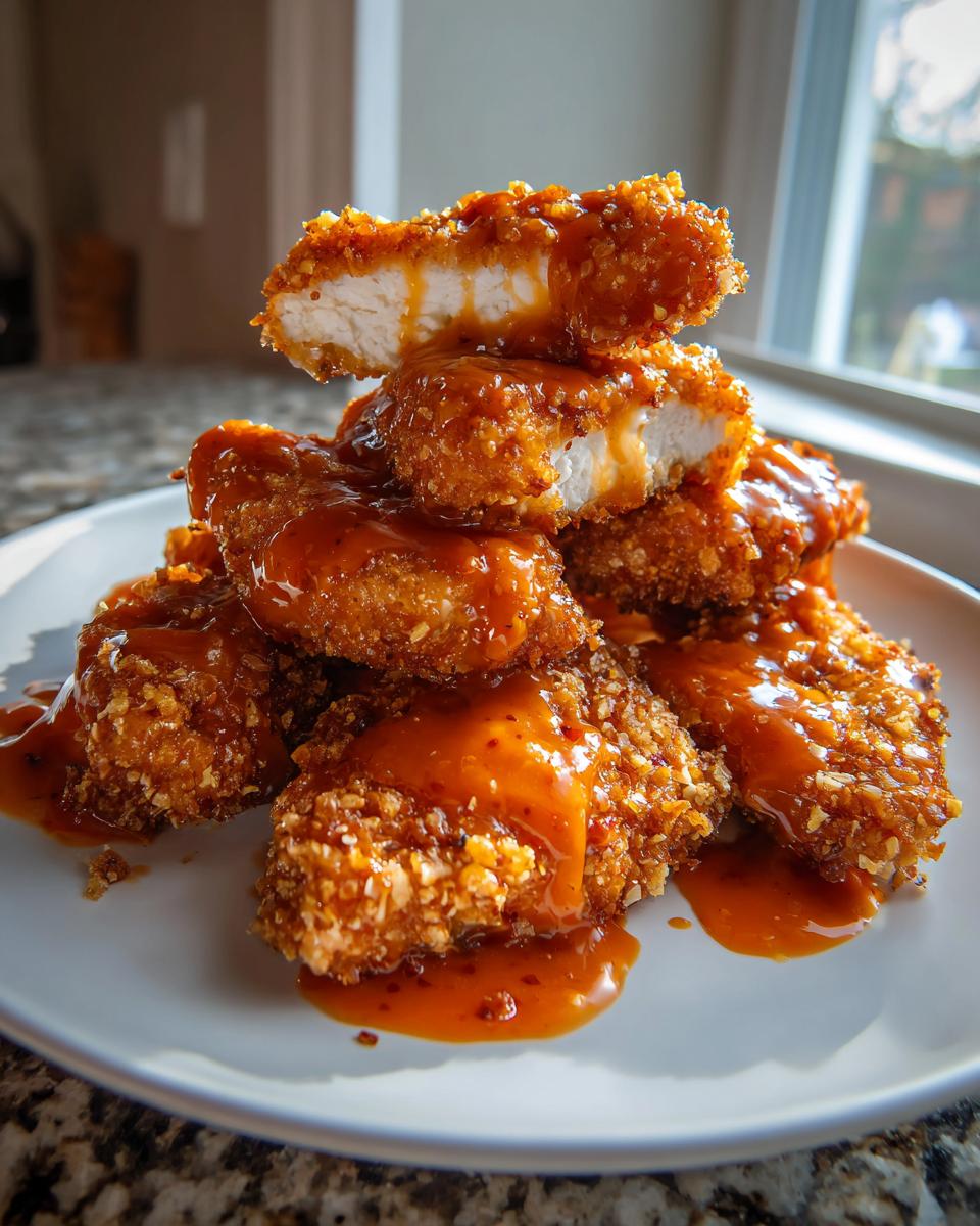 A stack of crispy, breaded bang bang chicken pieces generously drizzled with orange sweet chili sauce.