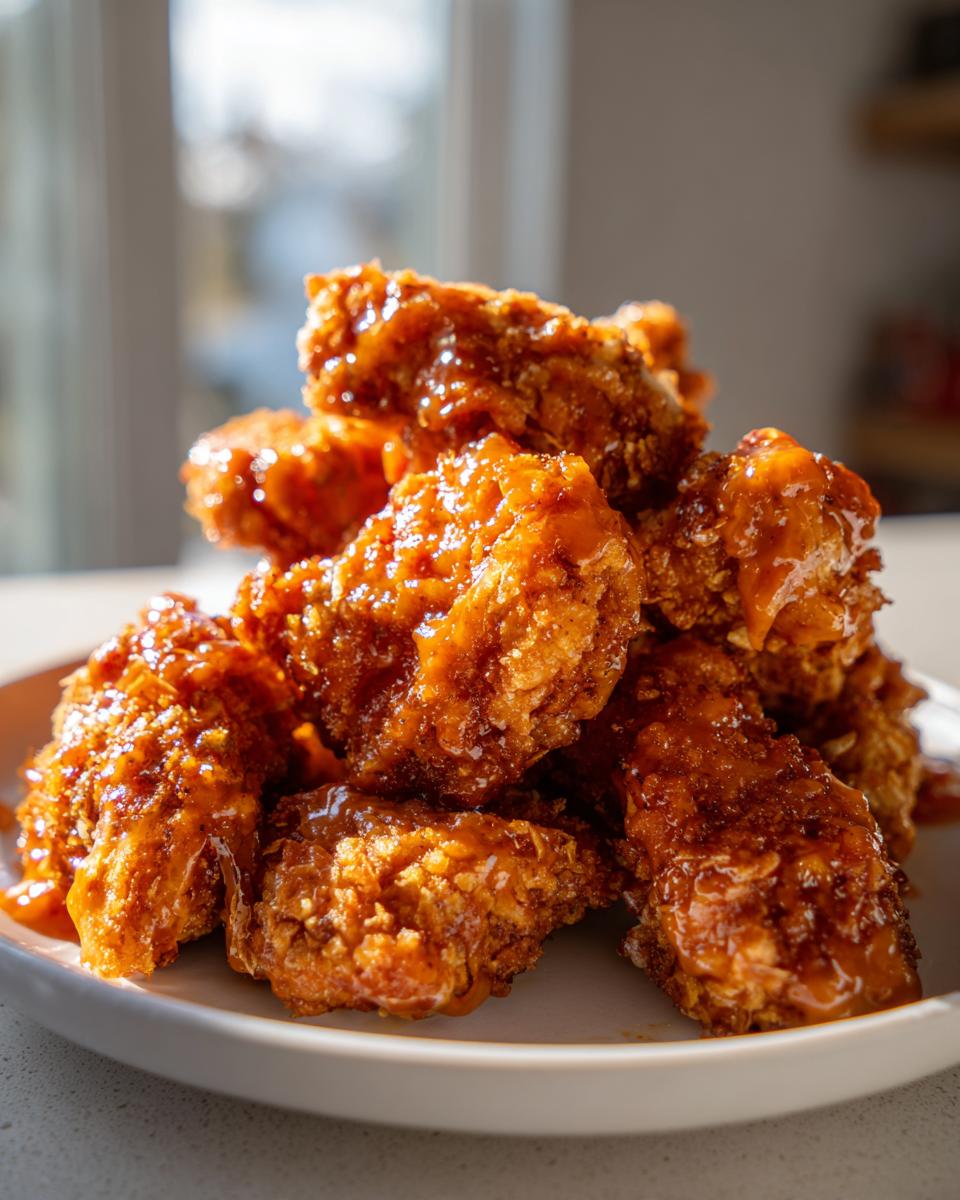 A close-up stack of crispy, saucy Bang Bang Chicken pieces piled high on a white plate.