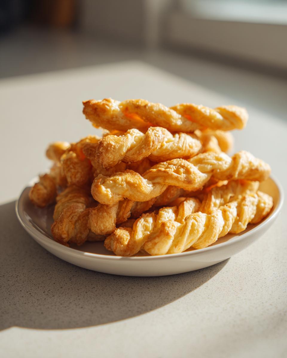 A mound of golden, flaky, twisted cheese straws piled high on a white plate, catching the sunlight.