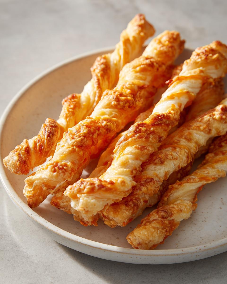 A close-up of several golden, flaky, twisted cheese straws piled on a light ceramic plate.