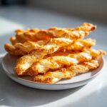 A pile of freshly baked, golden brown, crispy cheese straws resting on a light-colored plate.
