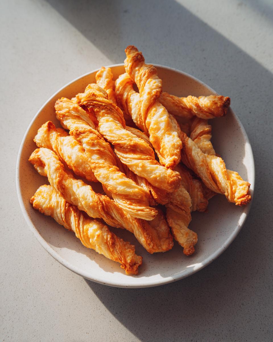 A pile of golden brown, flaky, twisted cheese straws served on a light speckled plate.