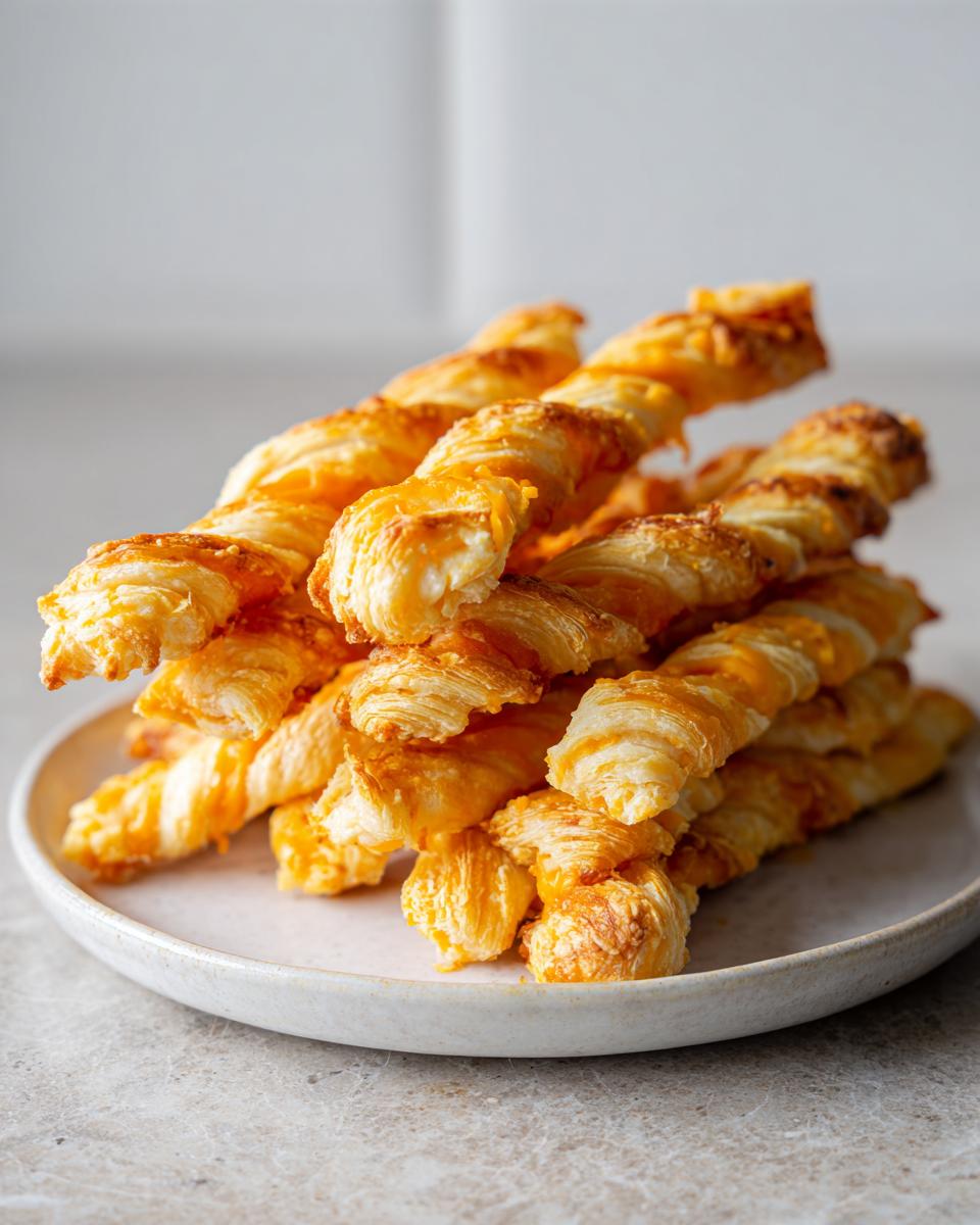 A tall stack of freshly baked, golden brown, flaky cheese straws piled high on a light ceramic plate.