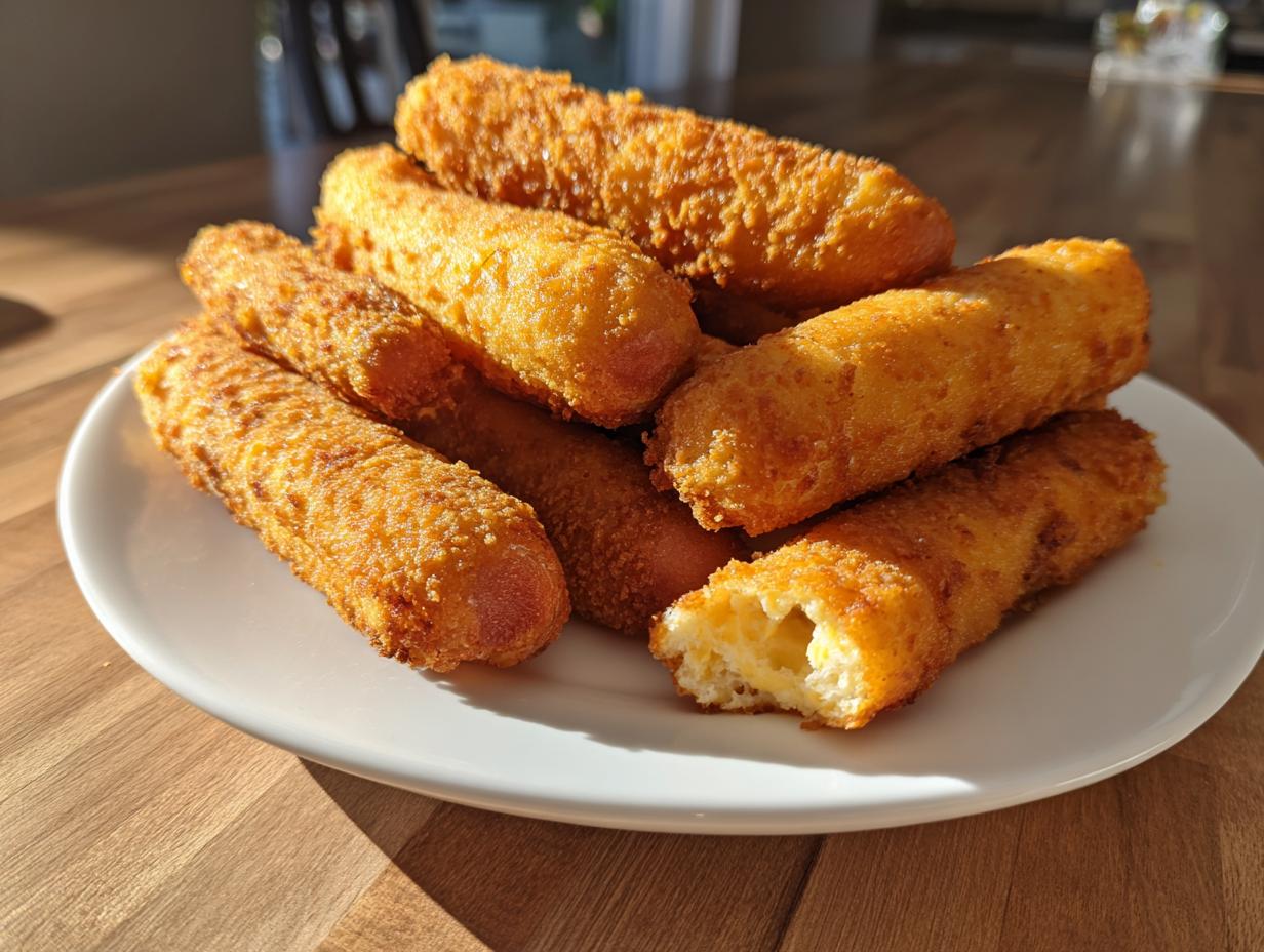 A stack of golden brown, crispy homemade corn dogs piled high on a white plate, one showing a cheesy interior.