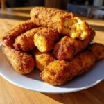 A pile of freshly fried, crispy corn dogs on a white plate, one is broken open showing the interior.