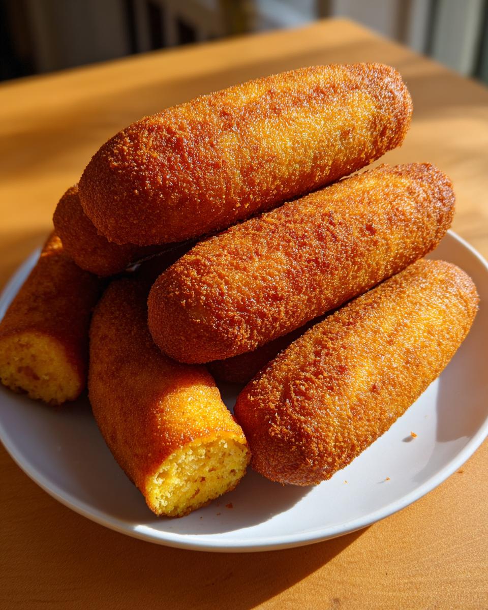 A stack of golden brown, crispy homemade corn dogs piled high on a white plate, showcasing the texture.