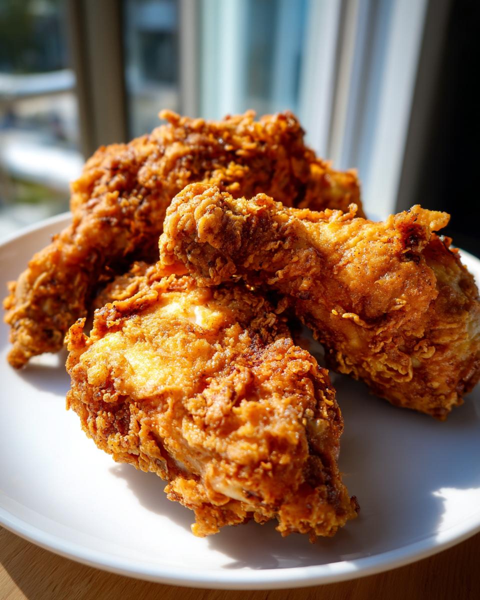 Close-up of several pieces of golden brown, crispy fried chicken piled on a white plate.