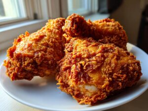 Close-up of several pieces of perfectly golden brown, crispy fried chicken resting on a white plate near a window.