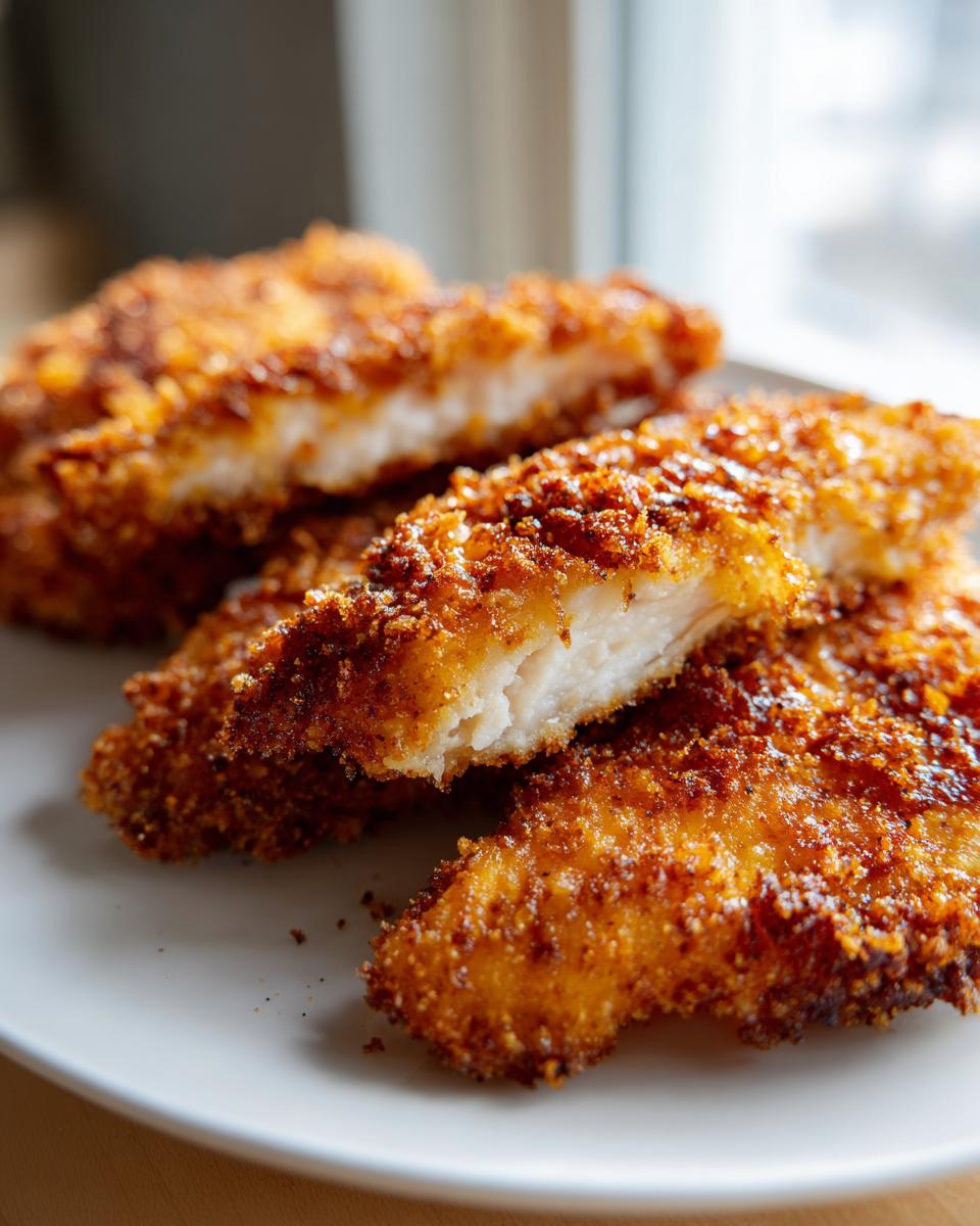 Close-up of golden brown, crispy fried chicken pieces showing the juicy white meat inside.