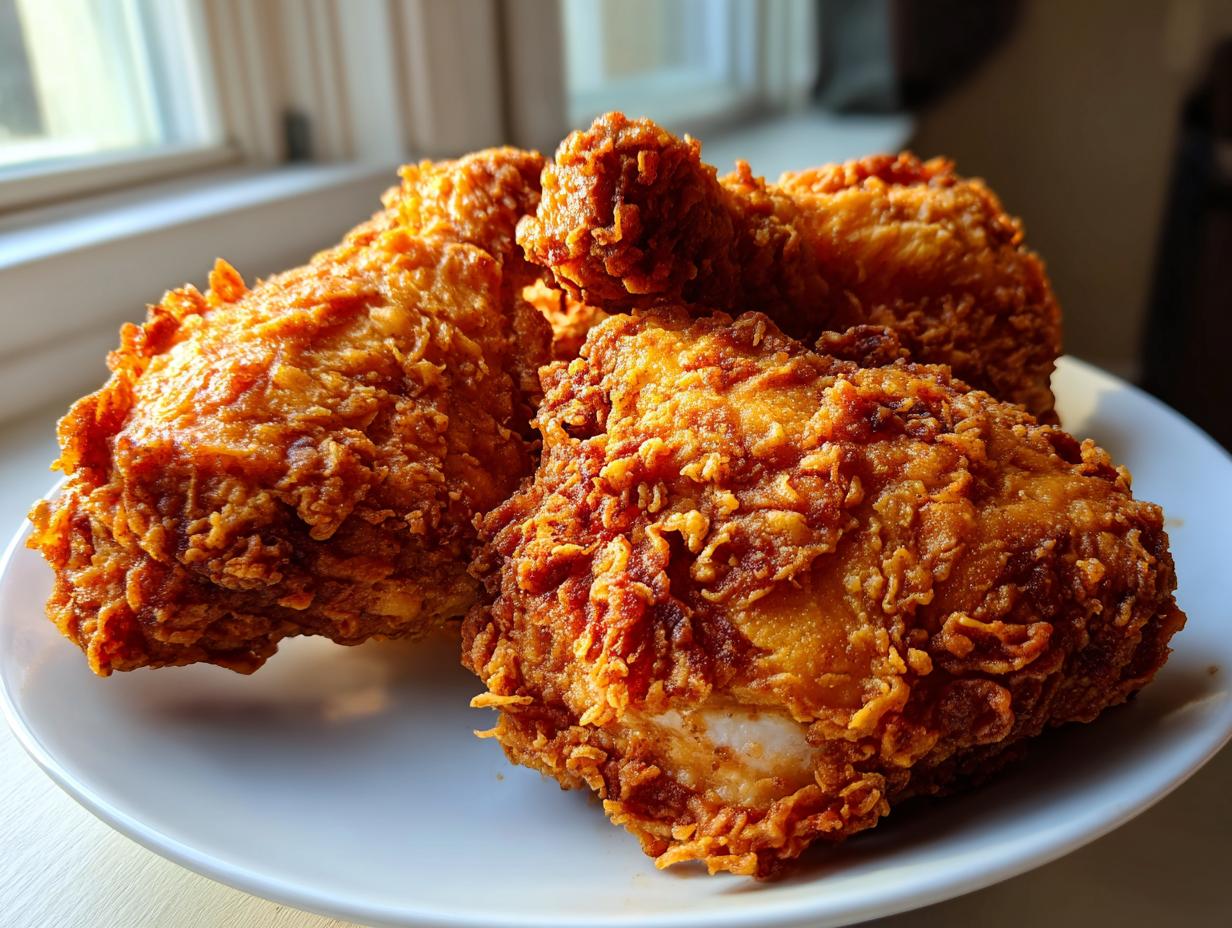 Close-up of several pieces of perfectly golden brown, crispy fried chicken resting on a white plate near a window.