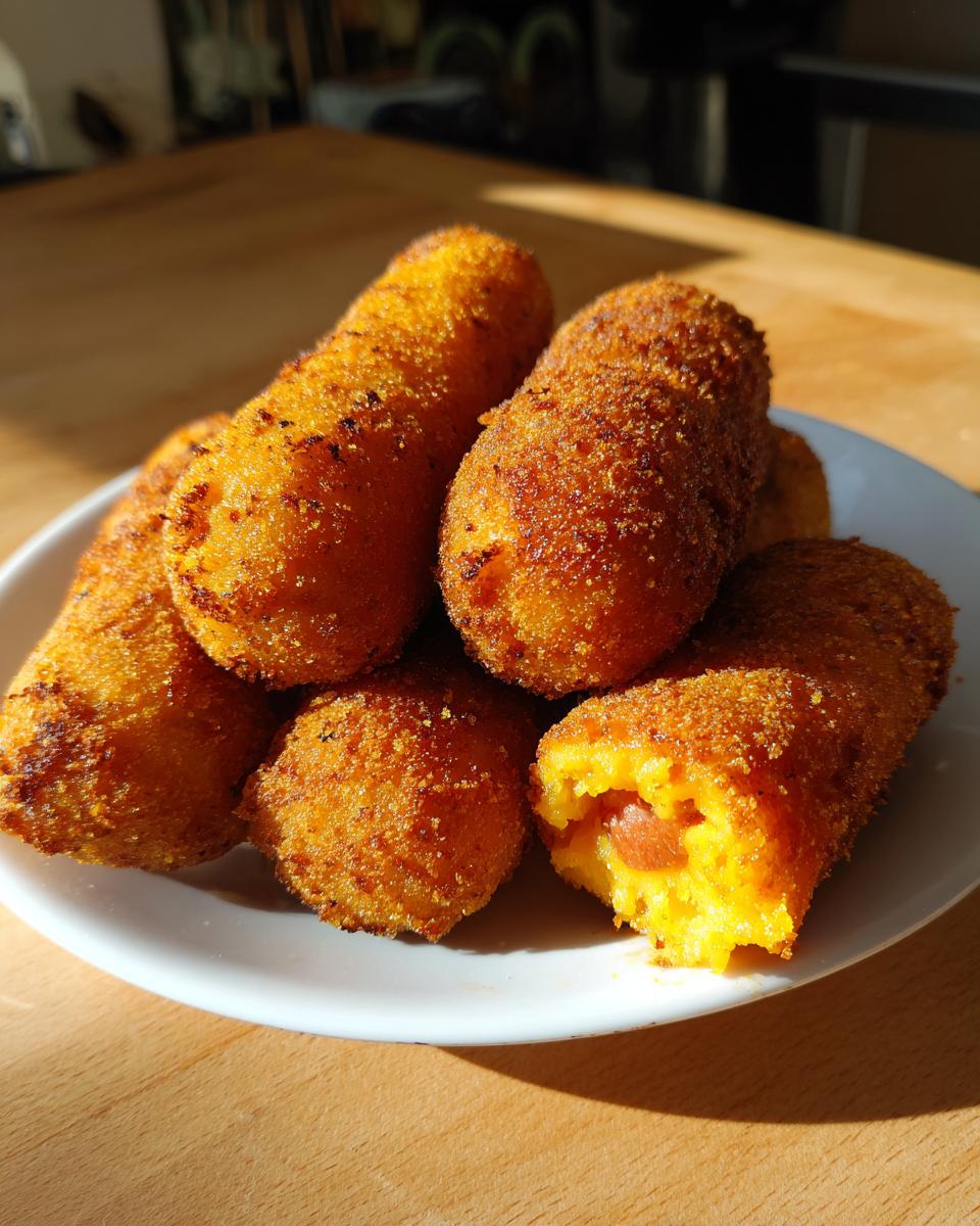 A pile of golden brown, crispy homemade corn dogs on a white plate, one is broken open showing the hot dog inside.