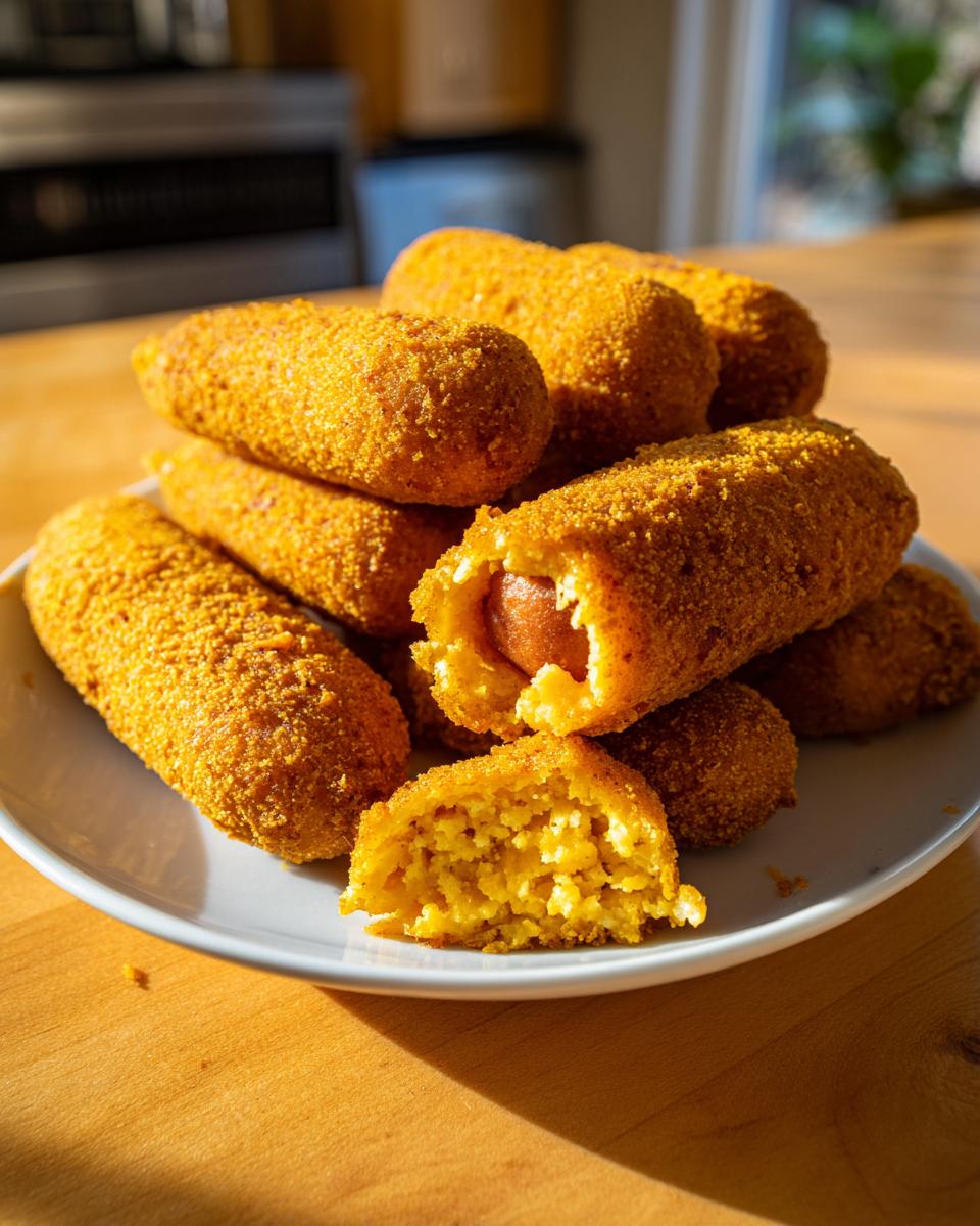 A pile of golden brown, crispy homemade corn dogs stacked on a white plate, with one cut open showing the hot dog inside.