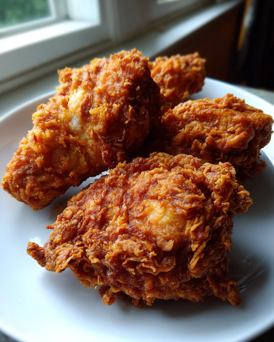 Close-up of four pieces of golden brown, crispy fried chicken resting on a white plate.