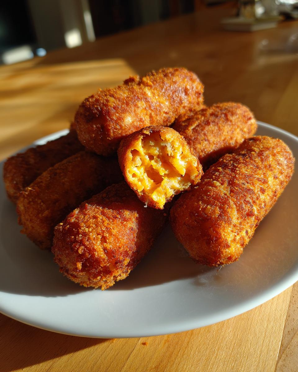 A pile of golden-brown, crispy corn dogs, one broken open to show the cheesy interior.