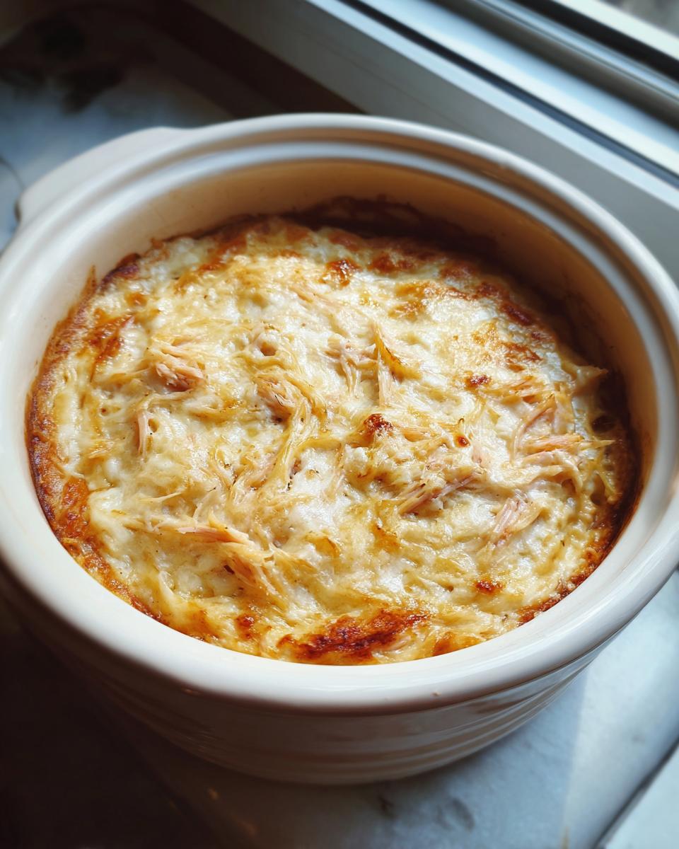 A close-up of hot, cheesy, baked Reuben dip with shredded corned beef visible in a round, cream-colored crockpot insert.