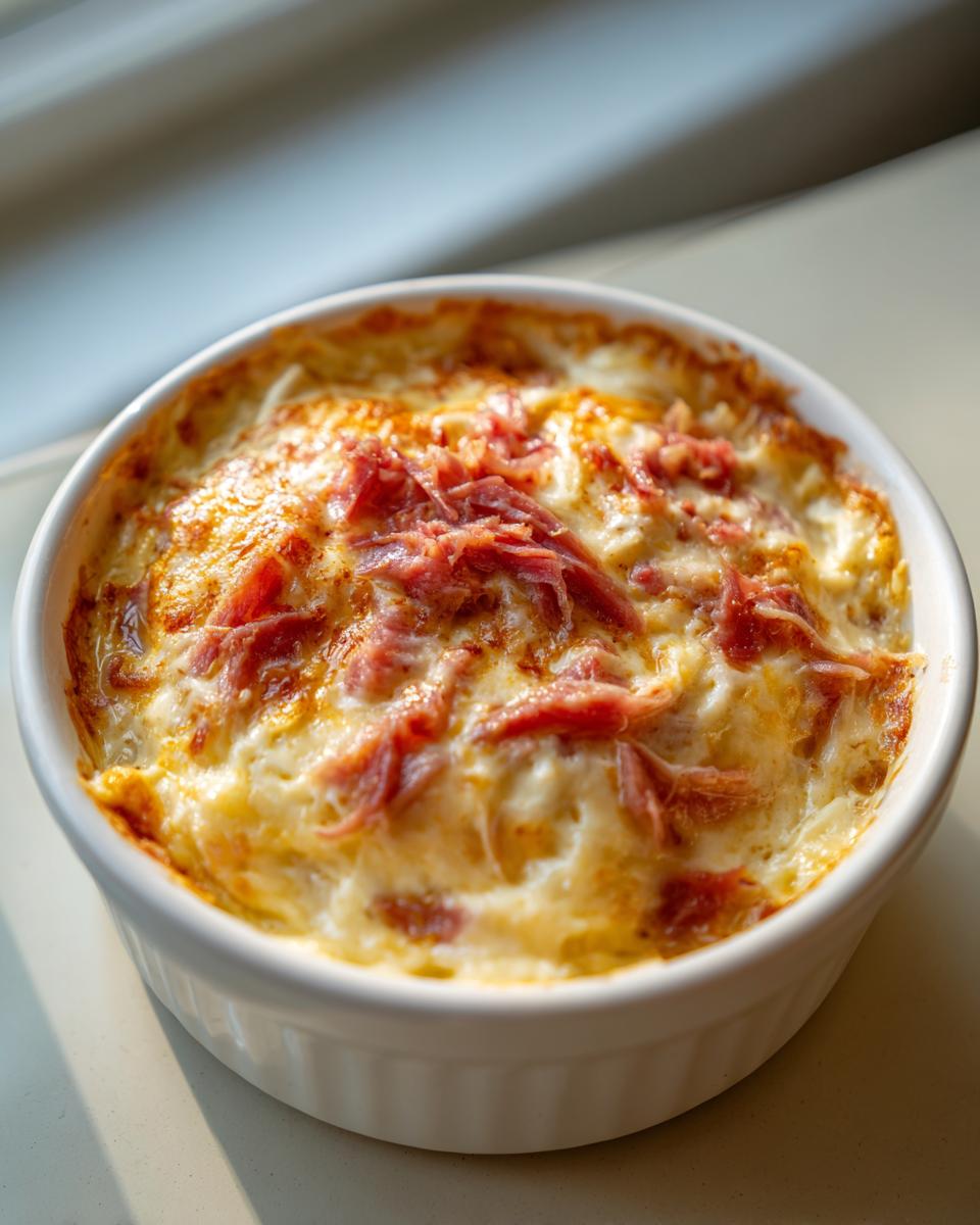 Close-up of a bubbling, cheesy Reuben dip topped with shredded corned beef in a white ramekin.