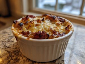 Close-up of a bubbling, cheesy Reuben dip baked until golden brown in a white ramekin.