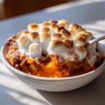 Close-up of a bowl of bright orange crockpot sweet potato casserole topped with toasted marshmallows.
