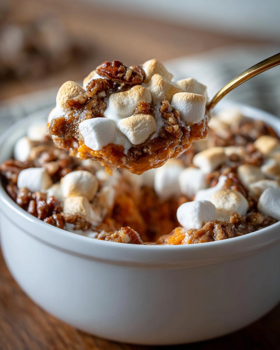 A spoonful of rich crockpot sweet potato casserole topped with toasted marshmallows and pecans being lifted from a white bowl.