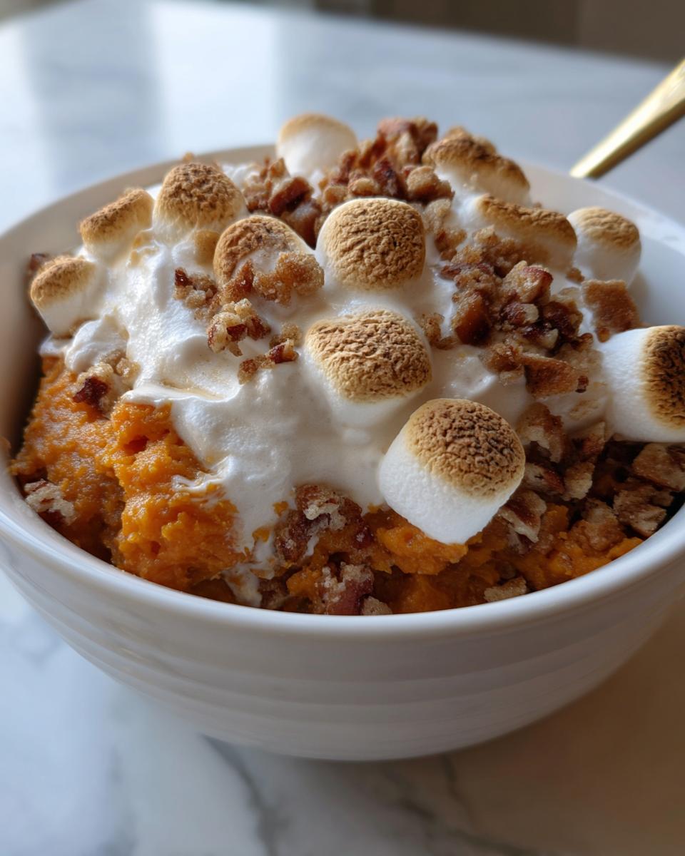 Close-up of a serving of crockpot sweet potato casserole topped with toasted marshmallows and pecans.