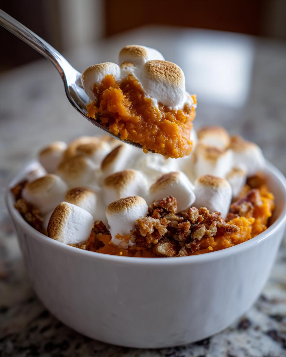A spoonful of orange crockpot sweet potato casserole topped with toasted marshmallows being lifted from a white bowl.