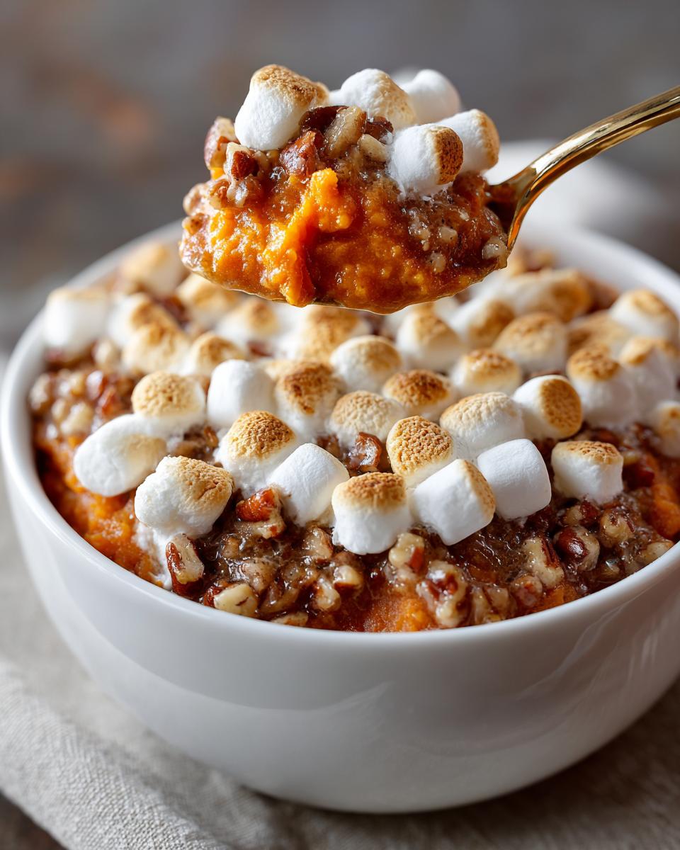A golden spoon lifting a bite of rich crockpot sweet potato casserole topped with toasted marshmallows and pecans.
