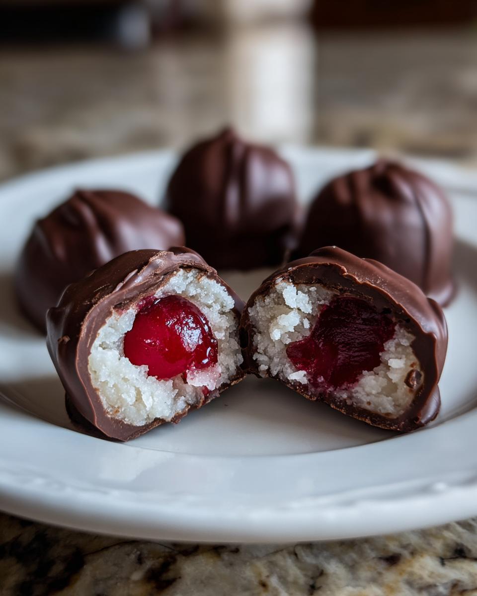 One of the chocolate covered cherries is cut in half showing the coconut filling and bright red cherry center.