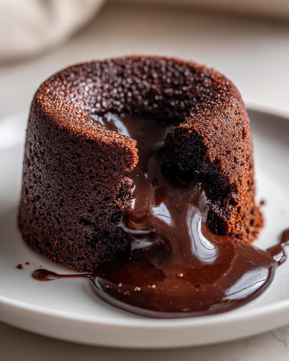 Close-up of a rich chocolate lava cake with the molten center oozing out onto a white plate.