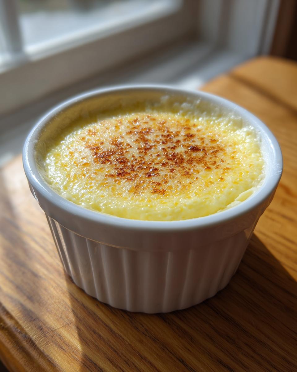 Close-up of a creamy, pale yellow egg custard dessert topped with a perfectly caramelized, crackly sugar crust.