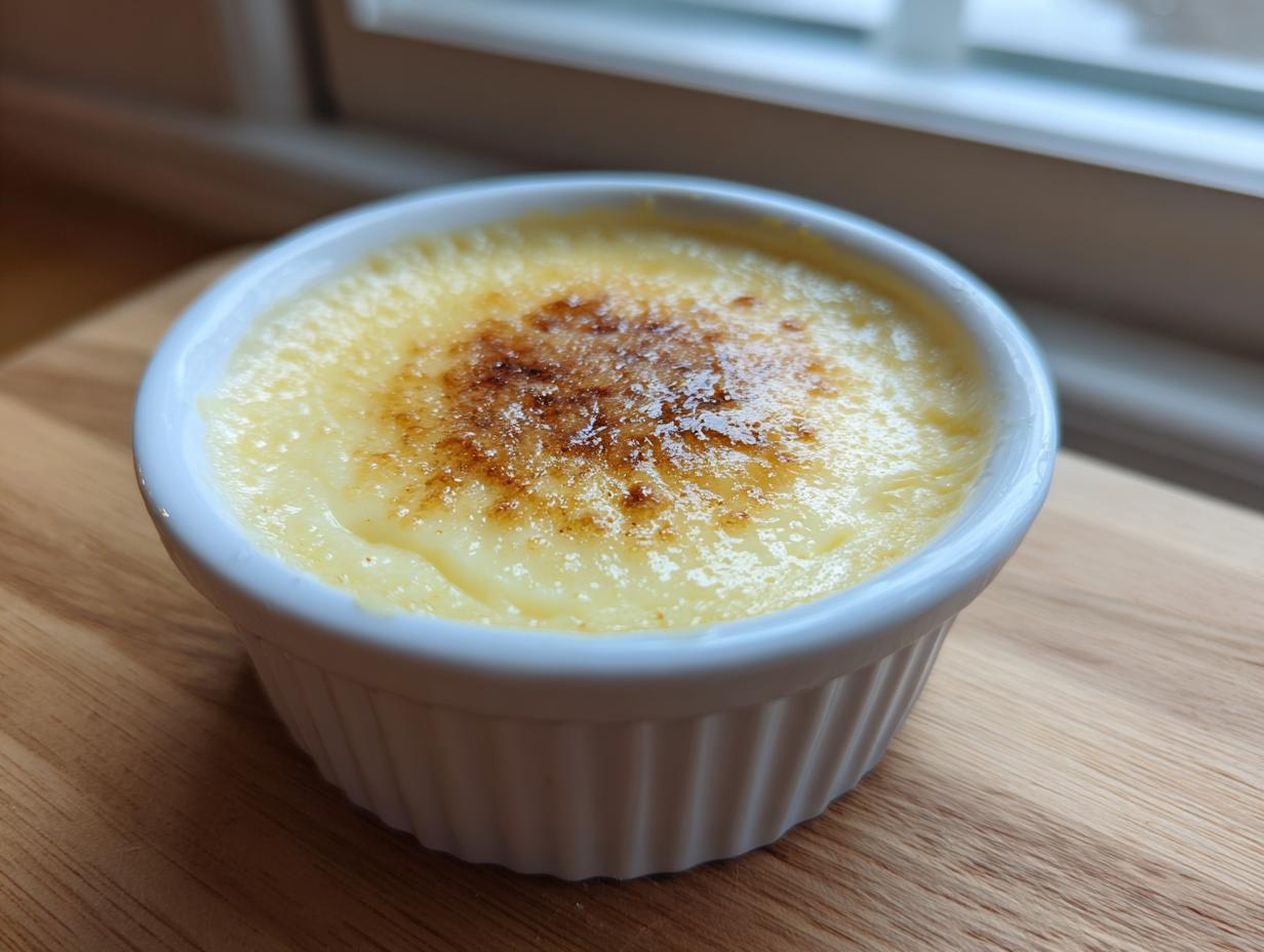 Close-up of a creamy, golden egg custard in a white ramekin with a perfectly caramelized, torched top.