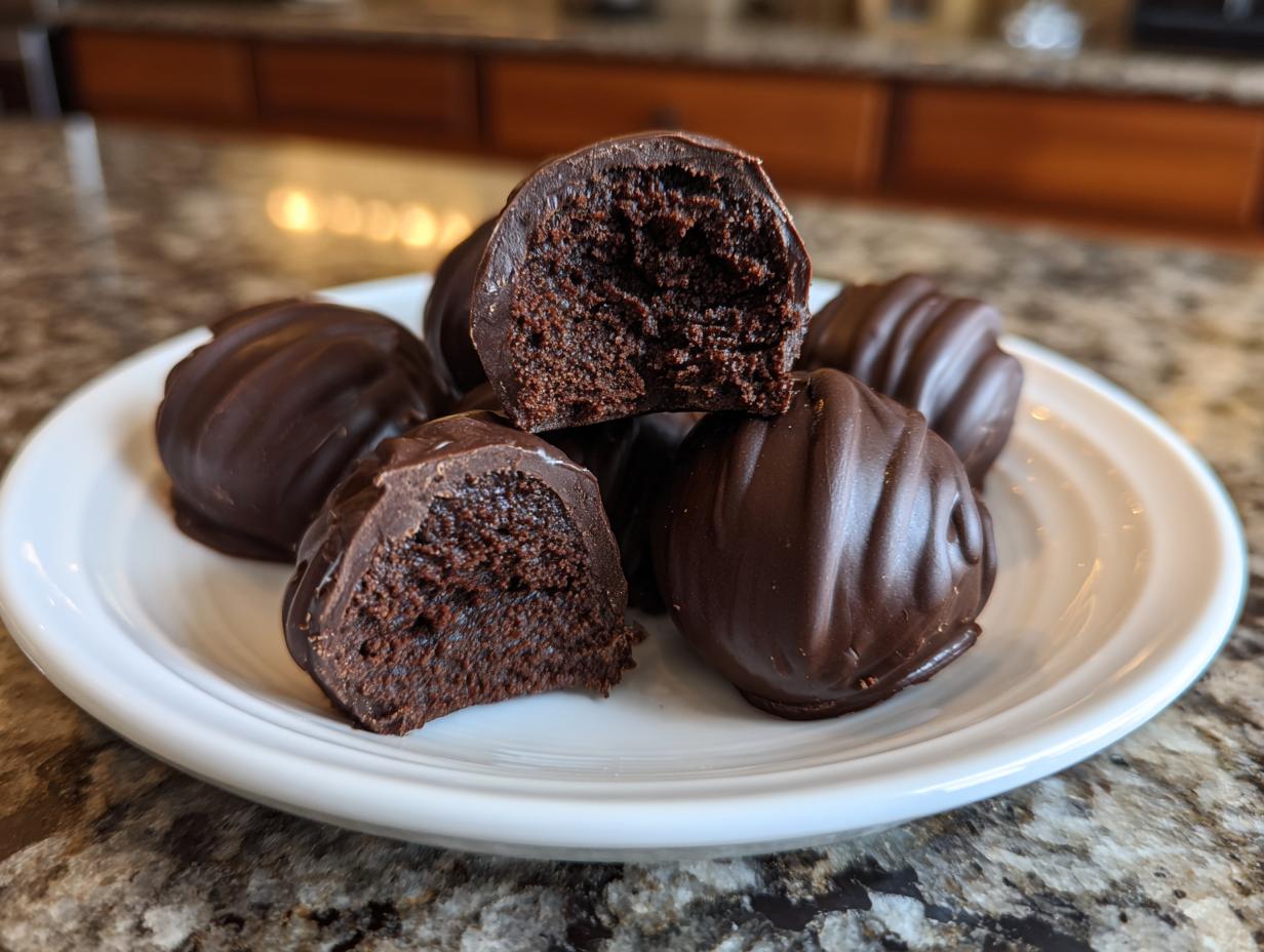 A close-up of several rich chocolate-covered Oreo balls, one cut in half showing the dark, dense interior.