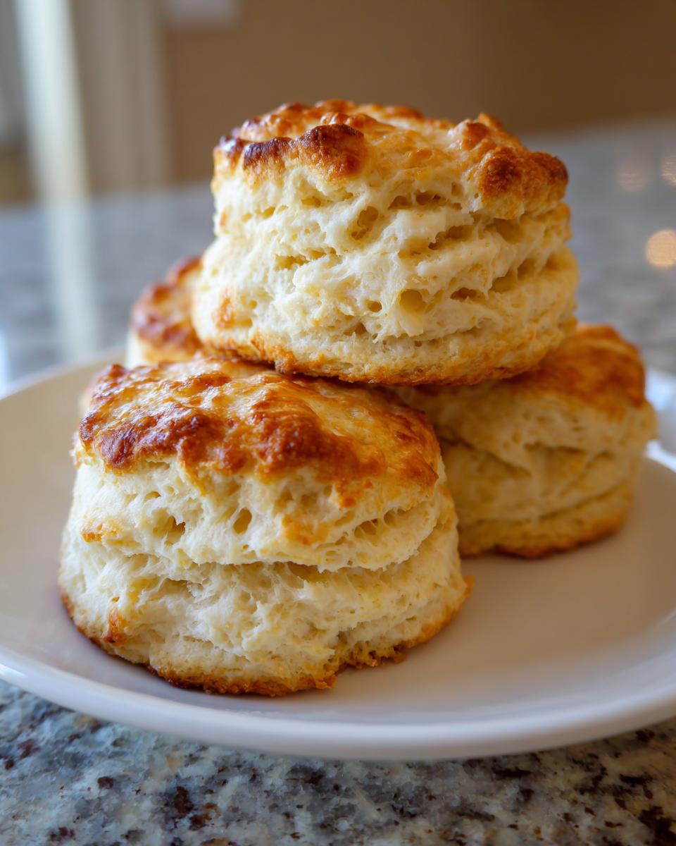 A stack of four tall, flaky, golden-brown scones displayed on a white plate.