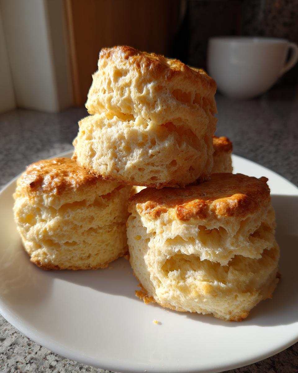 A stack of four golden-brown, fluffy homemade scones displayed on a white plate.