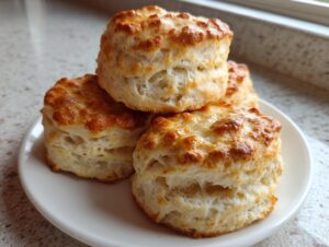 A stack of four fluffy, golden-brown homemade scones resting on a small white plate.