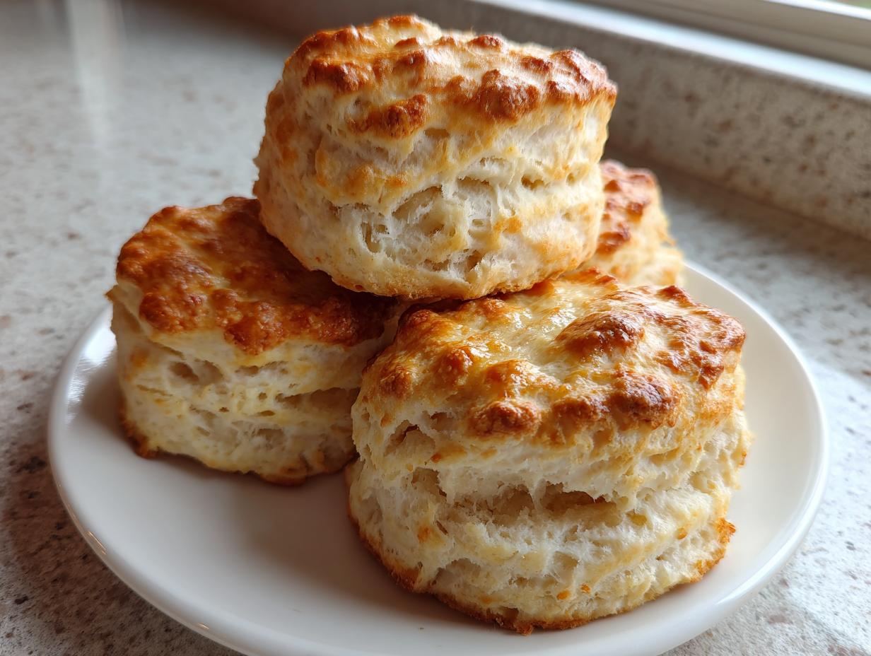 A stack of four fluffy, golden-brown homemade scones resting on a small white plate.
