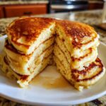 A thick stack of fluffy banana pancakes cut in half, showing the soft interior and drizzled with syrup.