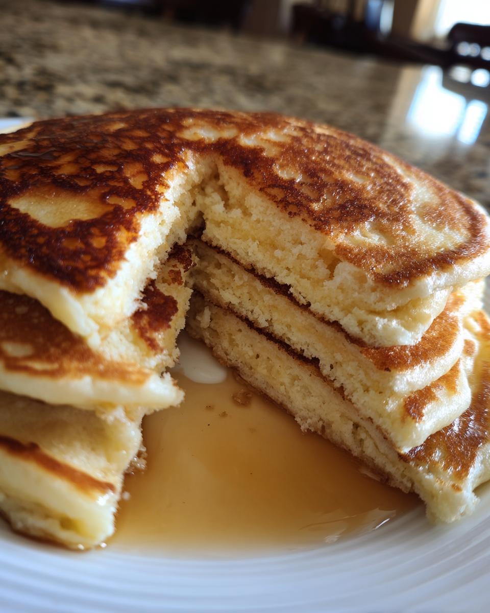 Close-up of a thick stack of fluffy banana pancakes, cut open to show the texture, drizzled with syrup.