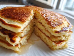 Close-up of a thick stack of fluffy banana pancakes cut open to show the texture, drizzled with syrup.