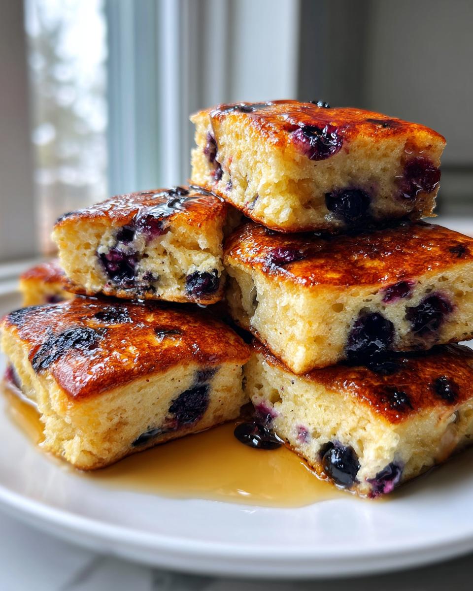 Close-up of fluffy blueberry sheet pan pancakes cut into squares and stacked, drizzled with maple syrup.