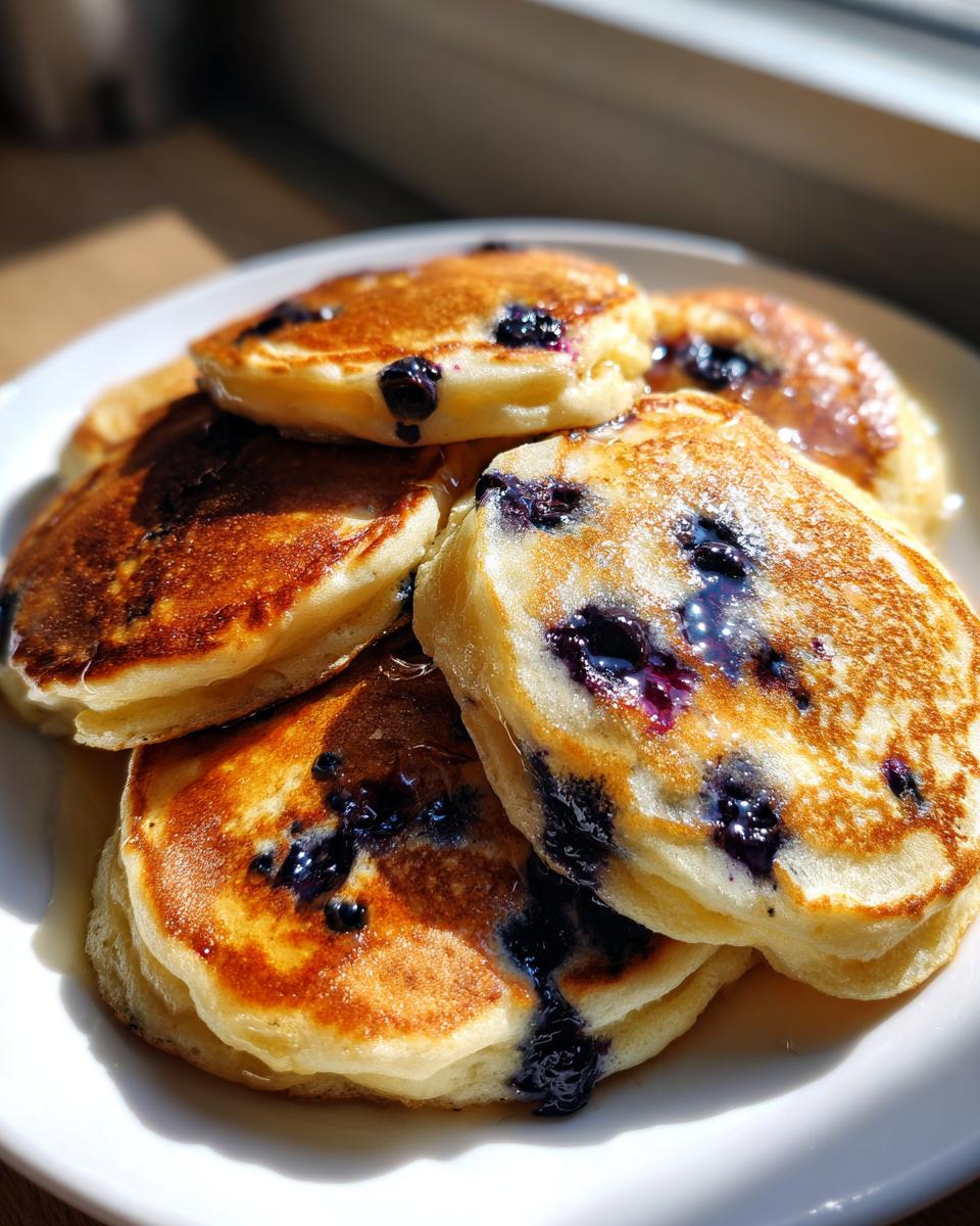 A stack of fluffy blueberry sheet pan pancakes drizzled with syrup, glistening in bright sunlight.